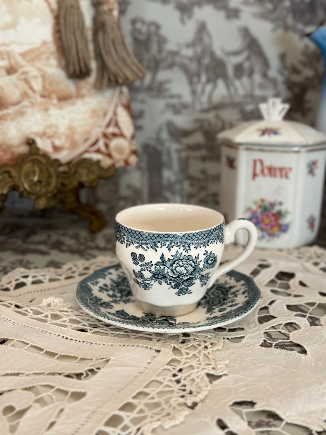 *40094-珍藏古董英国 ENOCH WEDGWOOD 美丽绿玫瑰花饰茶杯盘组 - 茶具/茶杯 - 瓷 