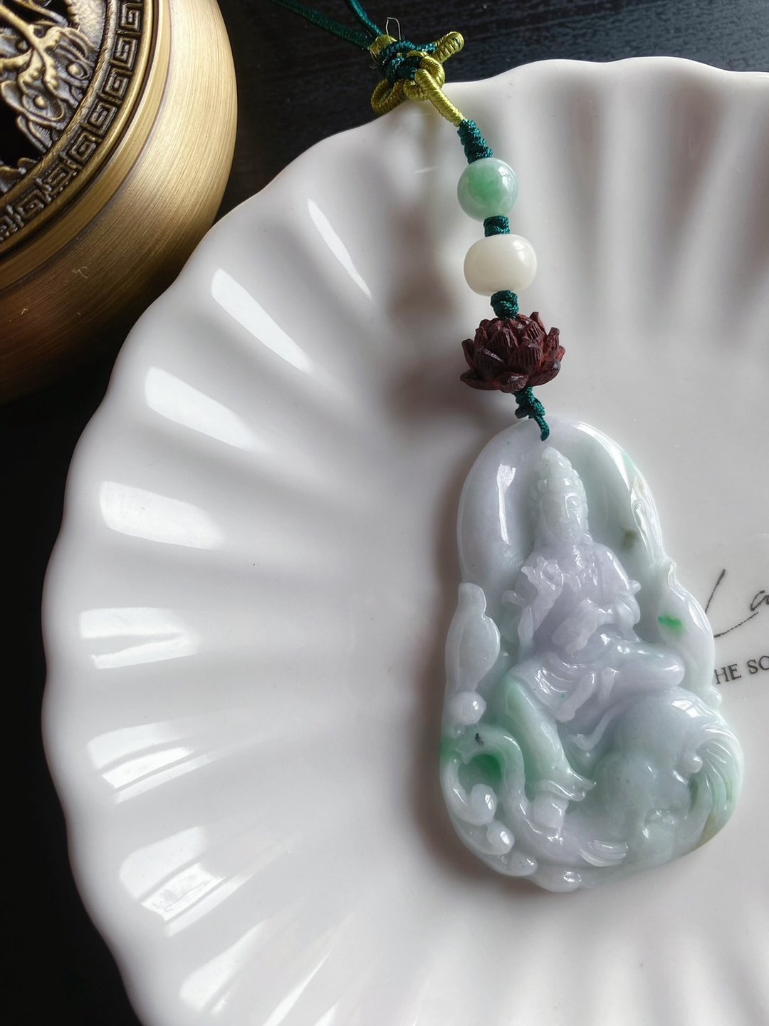 618 缅甸玉翡翠 手工雕 普贤菩萨 智慧 龙 蛇 守护神 玉牌 礼物 - 吊饰 - 玉石 绿色