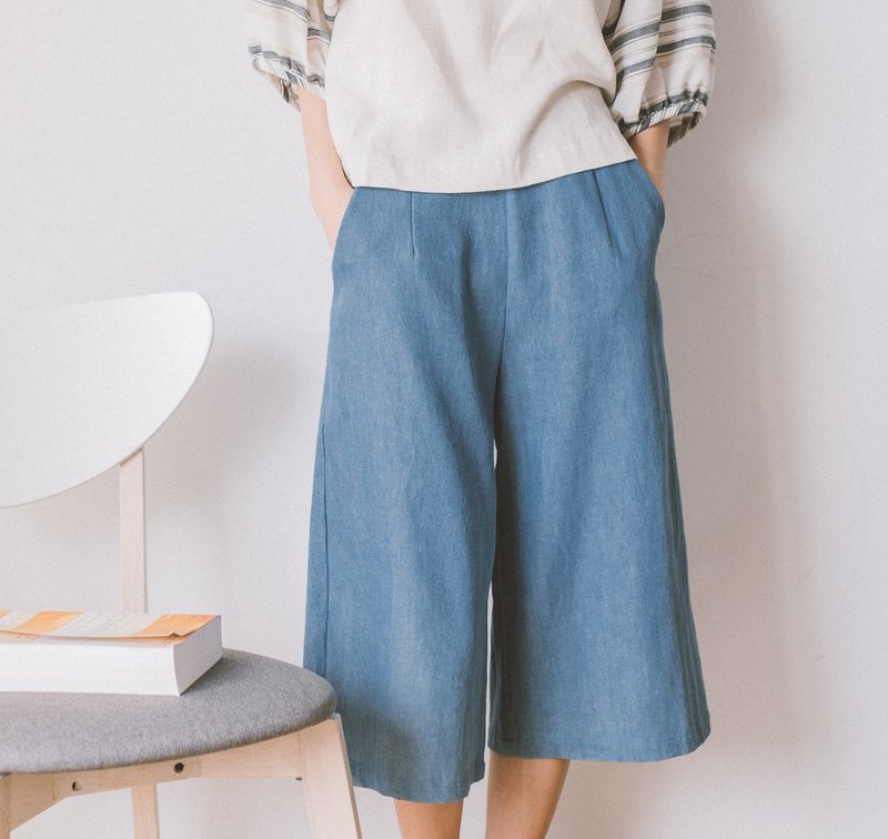天空蓝牛仔宽裤 - 七分 - 女装长裤 - 棉．麻 蓝色