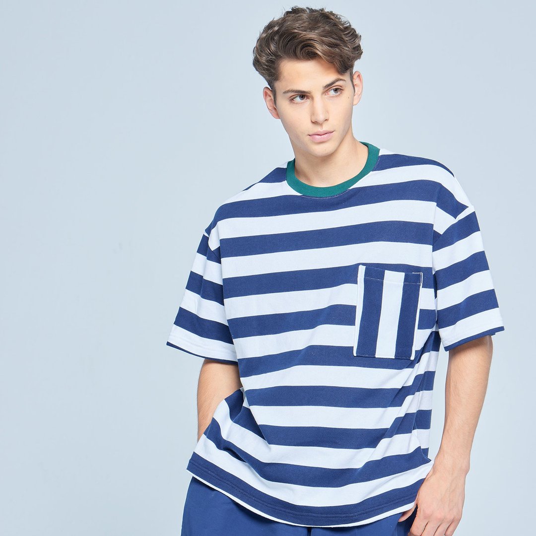 Stone'As STRIPE TEE / 绿领条纹Tee - 男装上衣/T 恤 - 棉 蓝色
