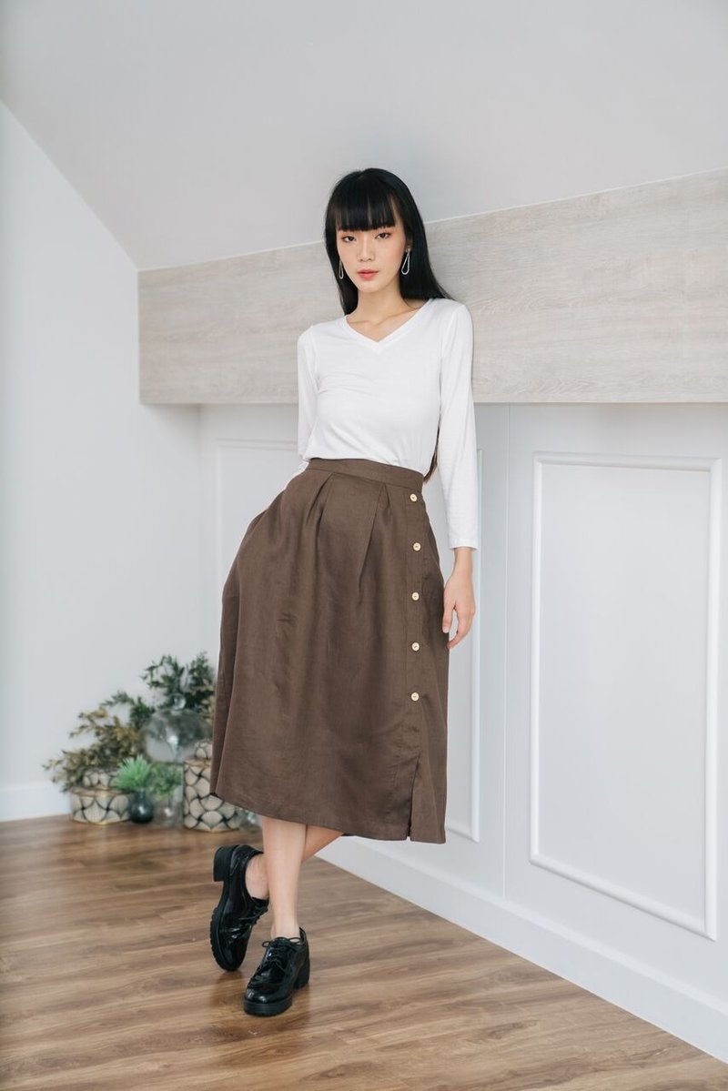 Pleated Long Skirt in Brown - 裙子 - 亚麻 咖啡色