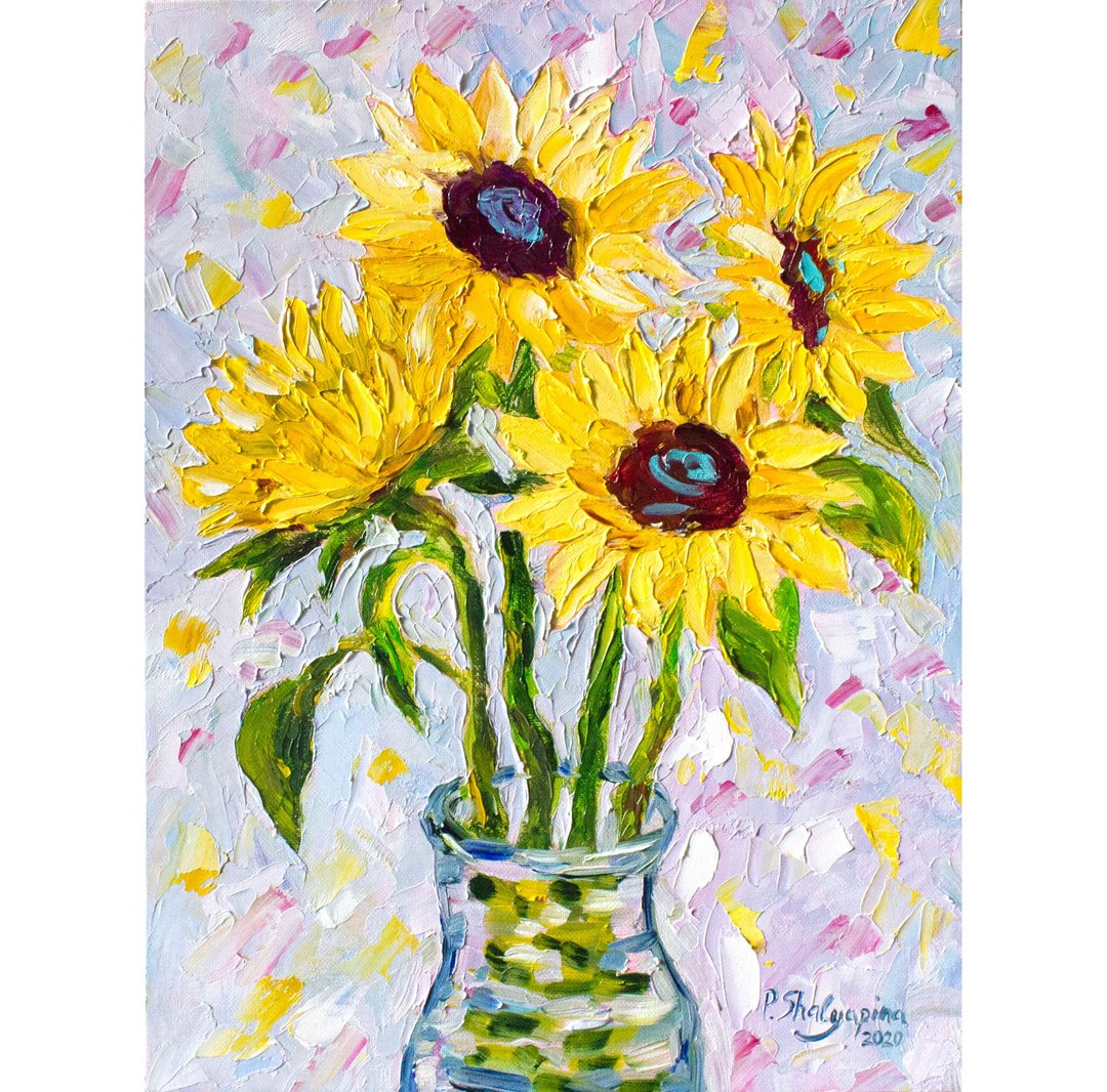 Sunflowers Oil Painting Impasto Original Art Flowers Wall Art Floral Artwork - 海报/装饰画/版画 - 其他材质 黄色