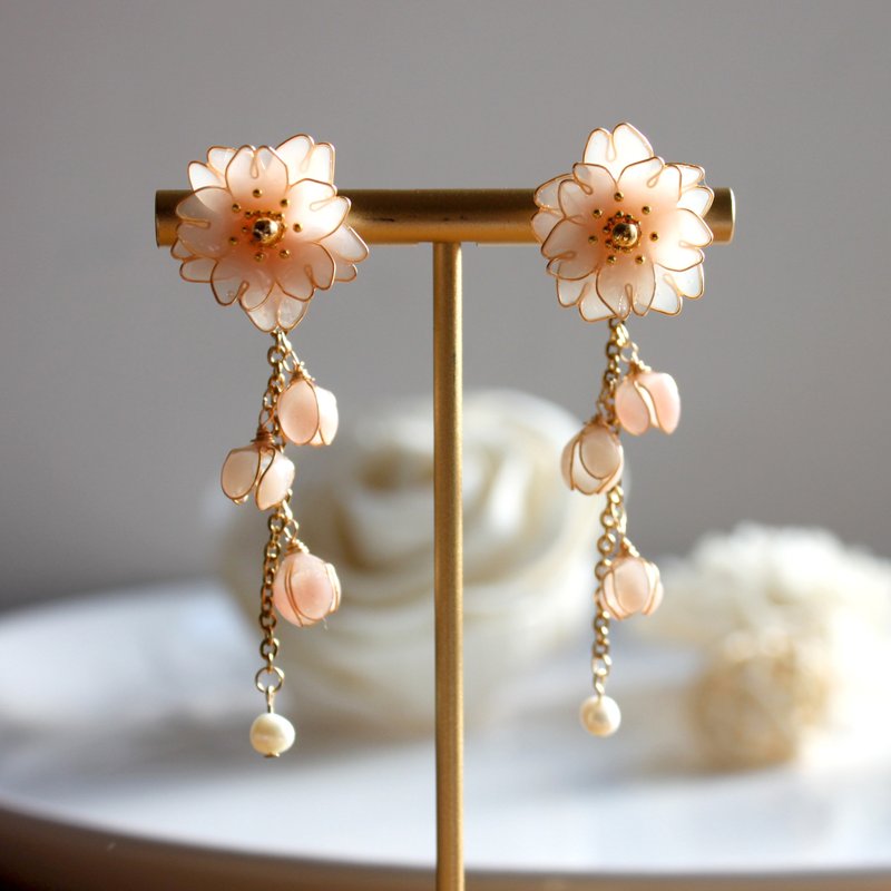 【樱】浪漫樱花 粉红气质可爱  情人节 水晶花 垂坠 耳环/耳夹 - 耳环/耳夹 - 树脂 粉红色