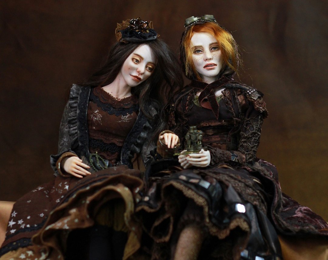 OOAK Interior Art Dolls The Dreamer and The Keeper Steampunk Dolls - 玩偶/公仔 - 粘土 咖啡色