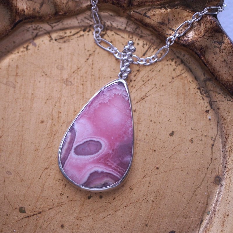 大颗 天然菱锰矿 印加玫瑰 阿根廷石 手工纯银项链  Rhodochrosit - 项链 - 半宝石 粉红色