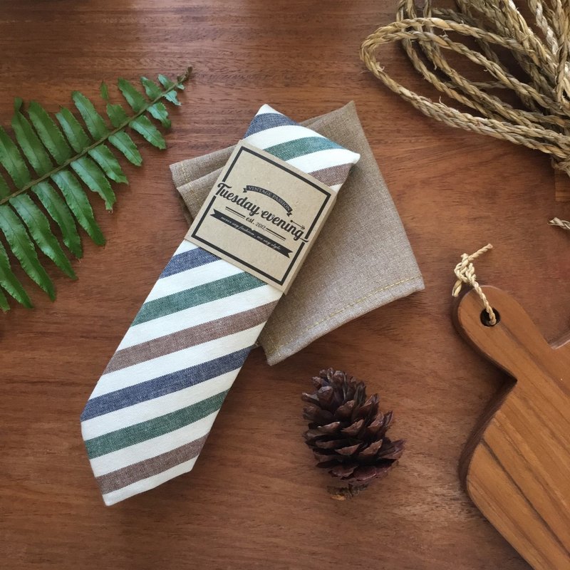 Red Blue Green Stripe Set with pocket square - 领带/领带夹 - 棉 多色