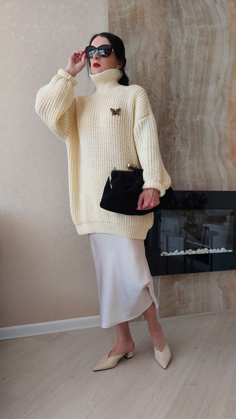 燕麦色毛衣 泡泡袖毛衣 高领毛衣 冬季毛衣 套头毛衣 - 女装针织衫/毛衣 - 羊毛 