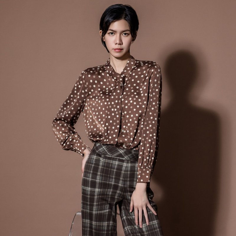 【MEDUSA】棕色圆点长版雪纺上衣(M-XL) | 女雪纺衬衫 女长袖上衣 - 女装上衣 - 聚酯纤维 咖啡色