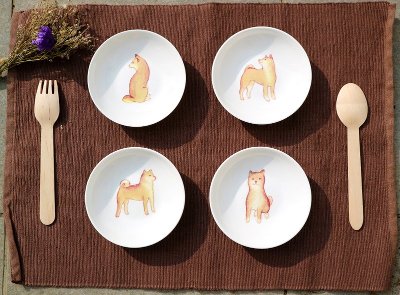 48小时出货 柴柴军团4寸骨瓷碟4入 圣诞交换礼物 - 浅碟/小碟子 - 瓷 橘色