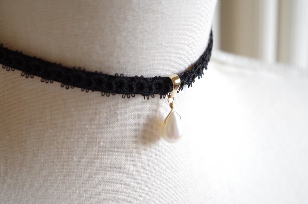 Choker drop pearl with tatting lace and velvet ribbon - 项链 - 棉 黑色