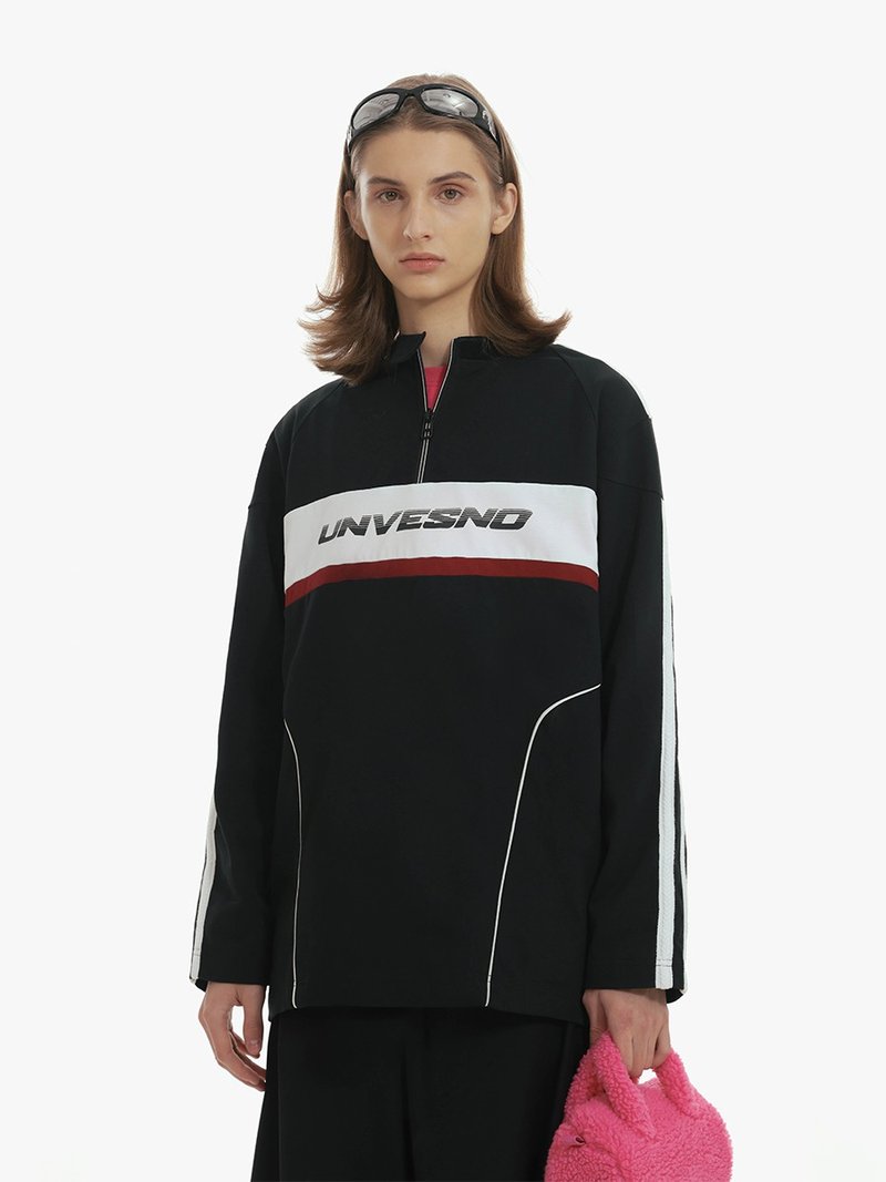 Unvesno (UN) 麦穗织带杆条插肩拼接运动长袖  SWS-1633 - 男装上衣/T 恤 - 棉．麻 黑色