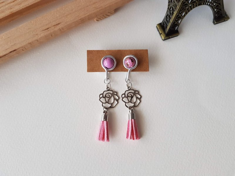 【玫瑰曼波】粉红色~无痛耳夹、夹式耳环、耳钩 - 耳环/耳夹 - 其他材质 粉红色