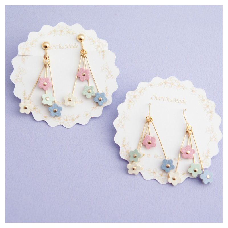 *Pastel*Petite floret leather Clip-On(pierced earrings) - 耳环/耳夹 - 真皮 粉红色