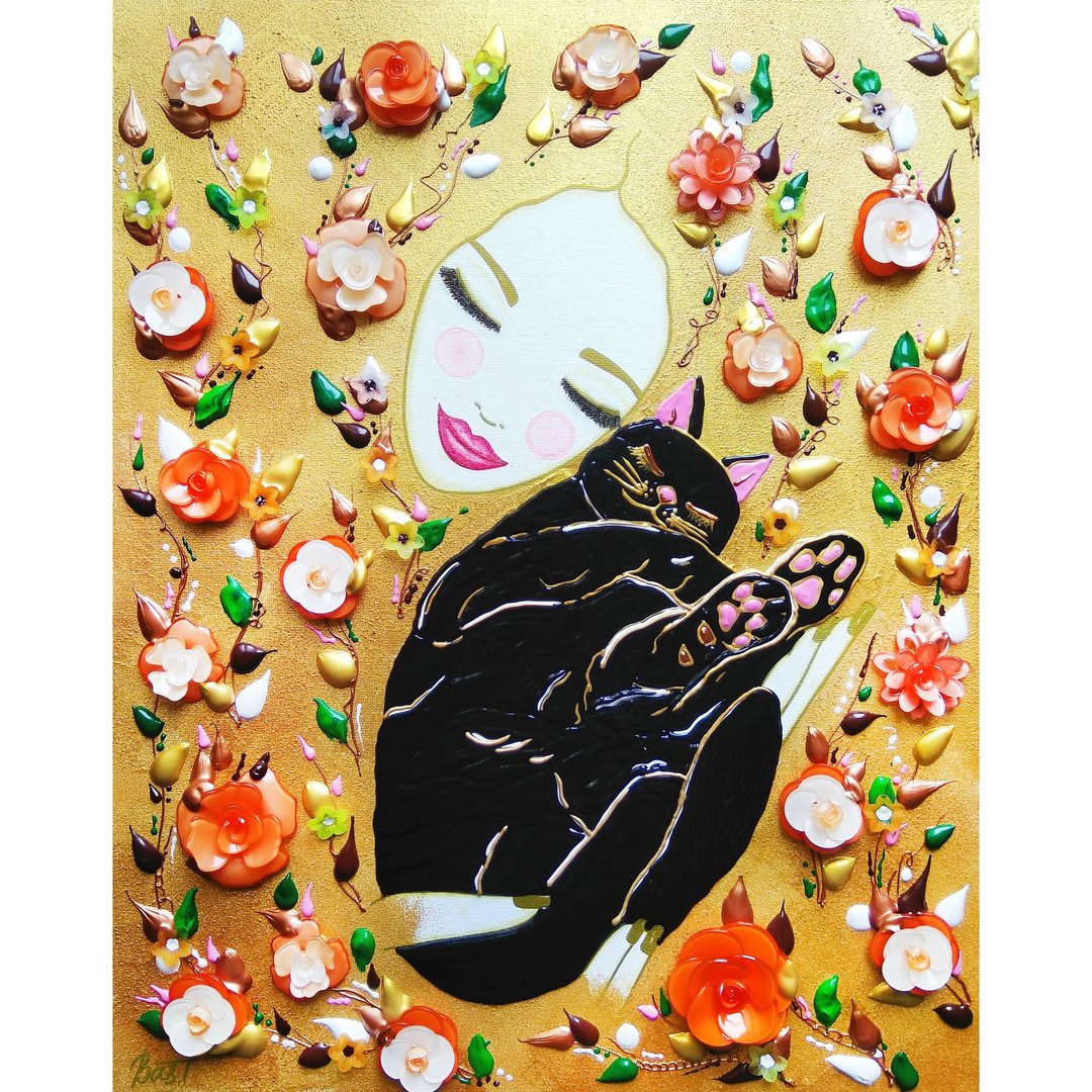 Woman black cat portrait original painting canvas Summer flowers, floral cat mom - 墙贴/壁贴 - 其他材质 金色