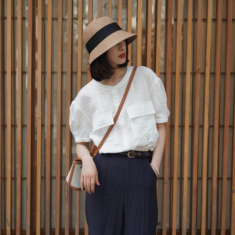 白色提花圆领短袖衬衫|衬衫|夏款|宽松|棉|Sora-738 - 女装衬衫 - 棉．麻 白色