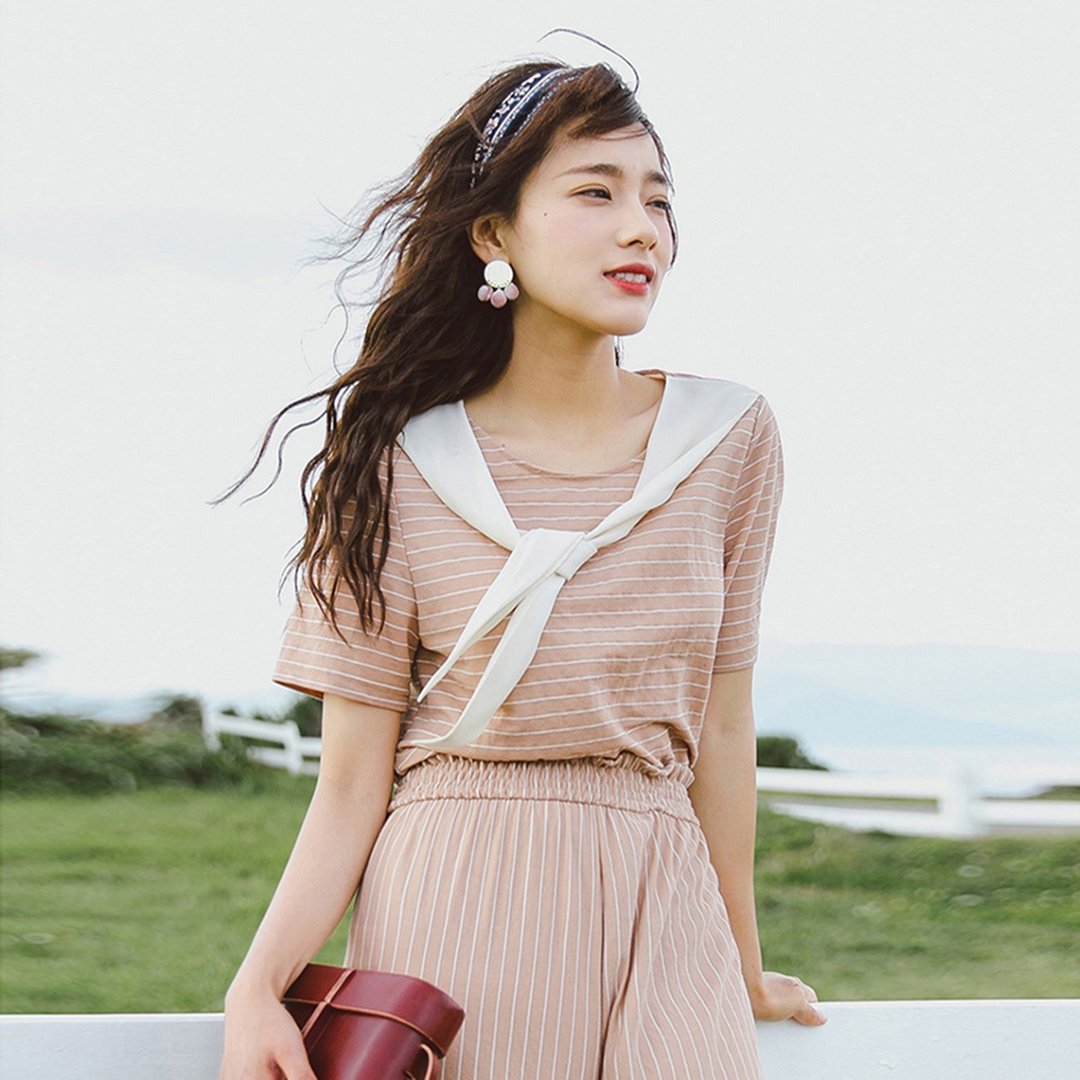 【夏装特价】安妮陈2018夏装新款撞色飘带圆领T恤 YMX8224 - 女装 T 恤 - 其他材质 咖啡色