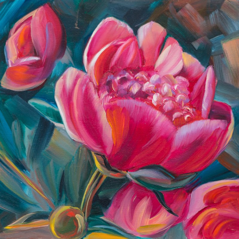 Pion Oil Painting Original Peonies Wall Art Pink Flowers Handmade Artwork - 墙贴/壁贴 - 其他材质 多色