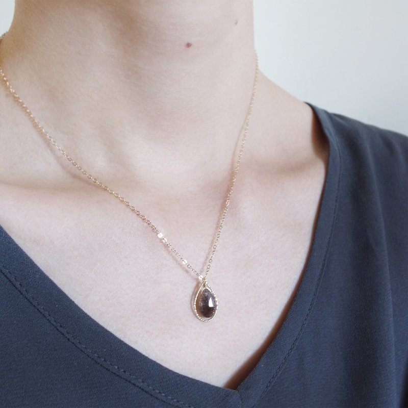 14KGF 金月光石×茶水晶 金属光 天然石项链 长度可定制 - 项链 - 宝石 咖啡色