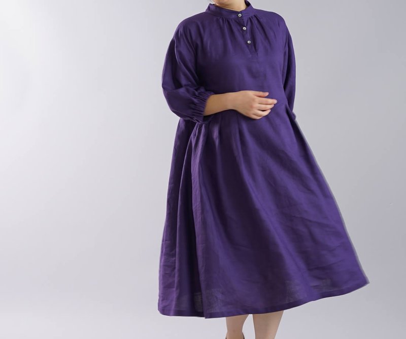 wafu  linen dress / midi length / puff sleeve / flare dress / purple a79-10 - 洋装/连衣裙 - 棉 紫色