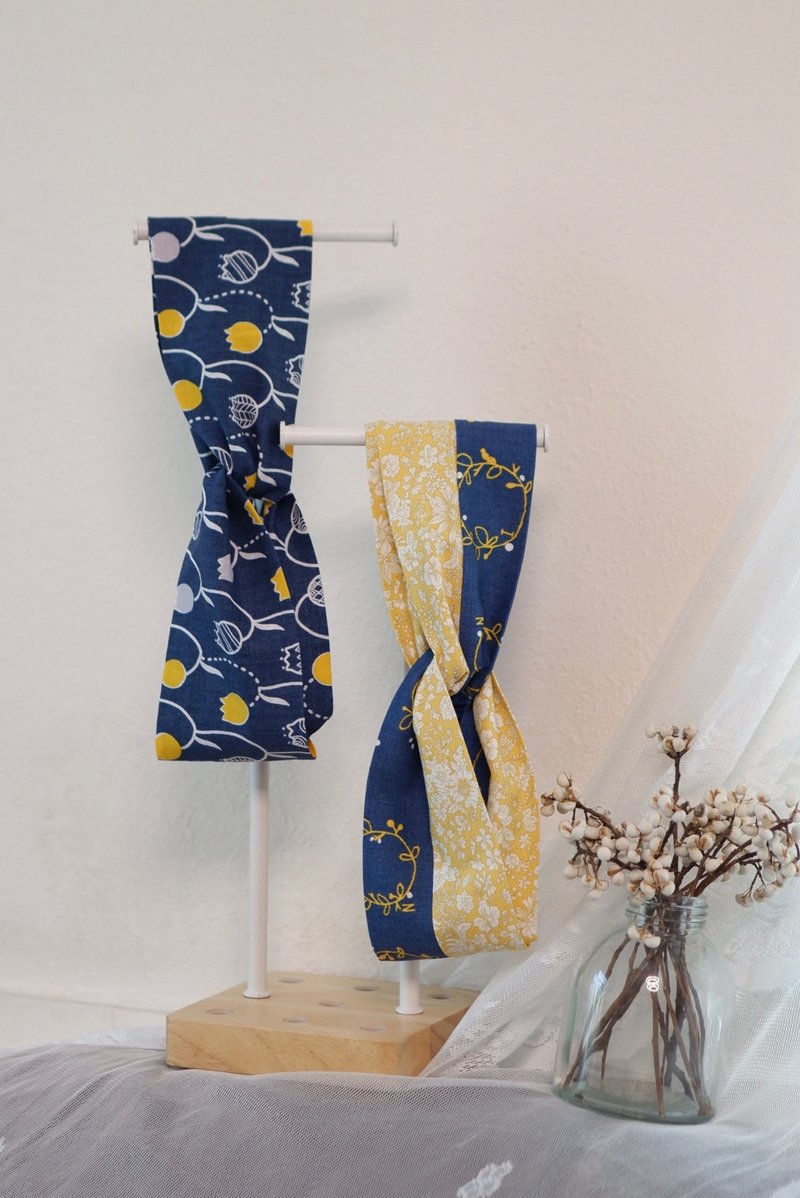 交叉发带の黄蓝拼花 - 发带/发箍 - 棉．麻 蓝色