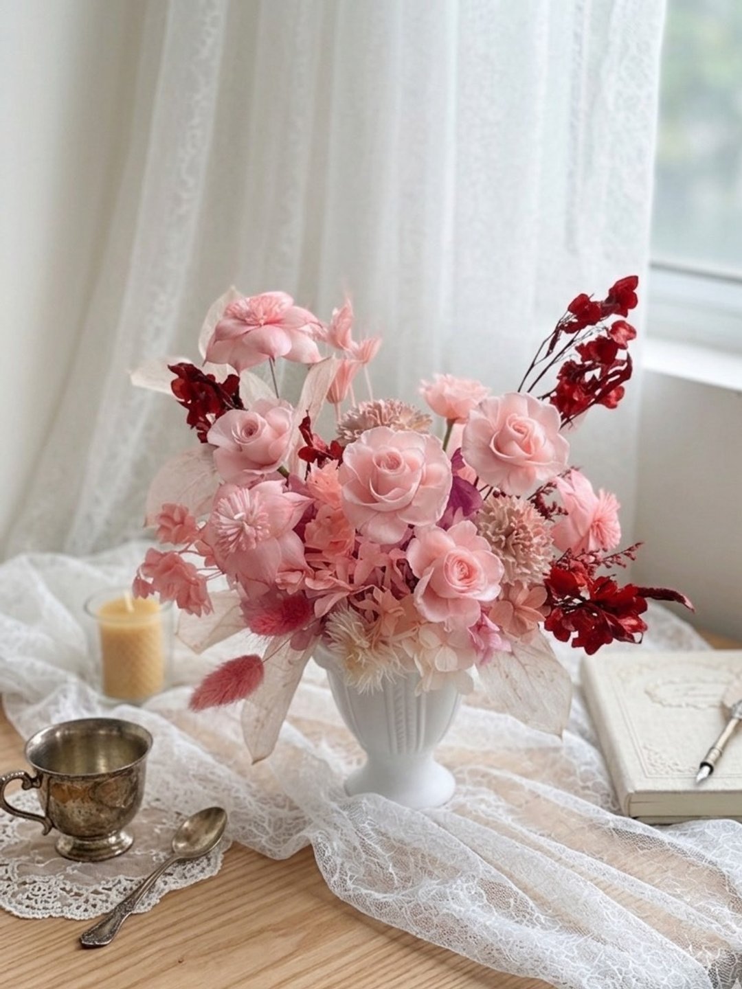 【花诉花艺】粉绯永生桌花/开幕花礼/升迁花礼/祝贺花礼 永生花 - 干燥花/捧花 - 植物．花 