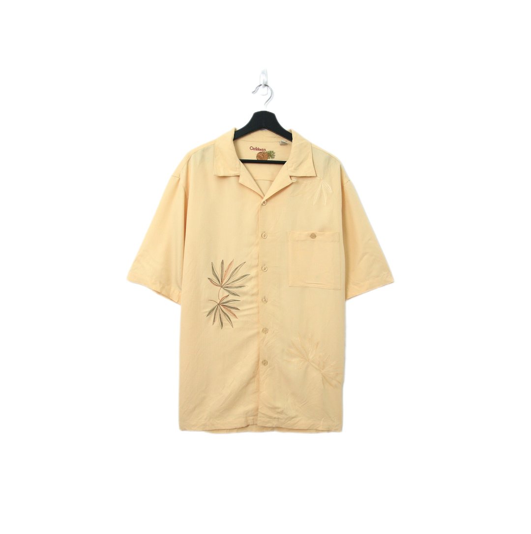 Back to Green-夏威夷衬衫 鹅黄 刺绣叶片 ht-04/vintage shirts - 男装衬衫 - 棉 