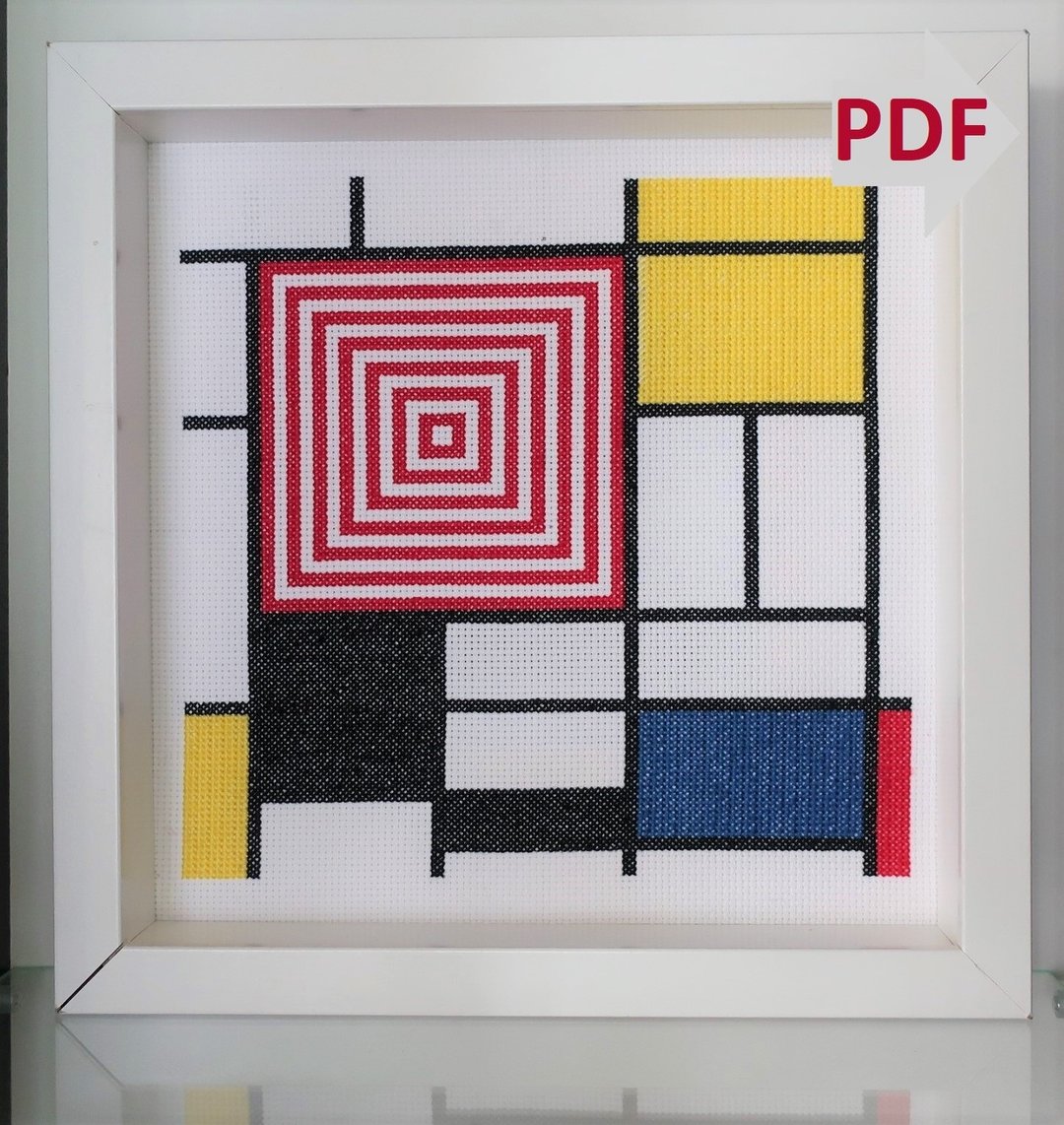 迷宫-蒙德里安-十字绣图案PDF, 适合初学者, 现代抽象艺术 - 手工艺教程/工具书 - 其他材质 