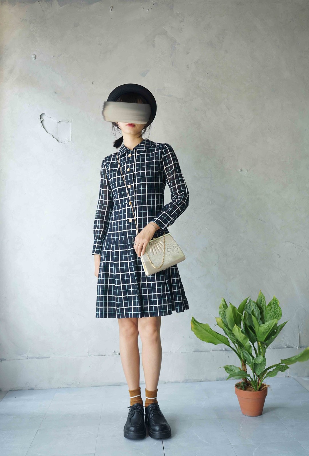 寻宝古着-60年代推机风格深蓝格纹青春低腰百折洋装 - 洋装/连衣裙 - 聚酯纤维 蓝色
