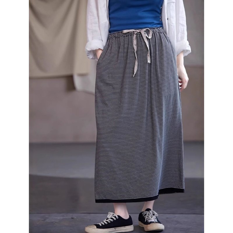 黑米条超舒适绵柔松紧腰针织一步半身裙 - 裙子 - 棉．麻 