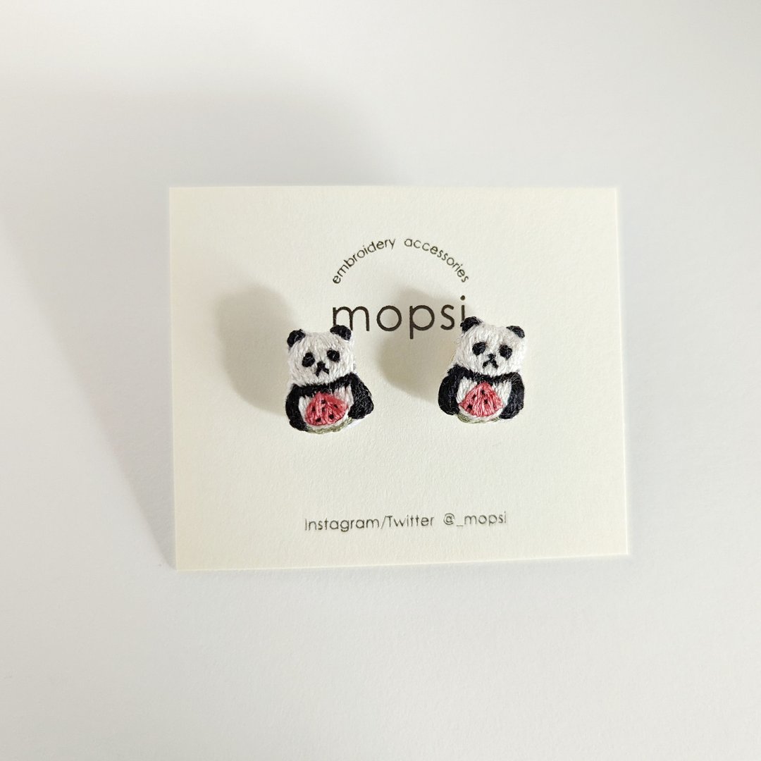 Watermelon and panda embroidery earrings / Clip-On - 耳环/耳夹 - 绣线 白色