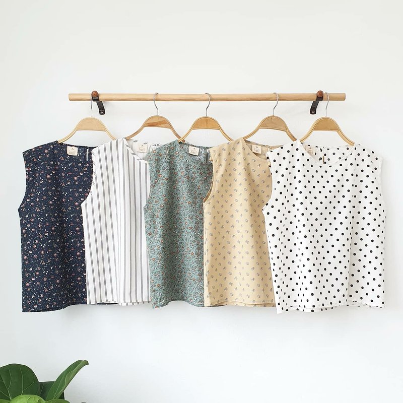 Printed cotton Simply Tank Top  - Green with Floral - 女装上衣 - 棉．麻 绿色