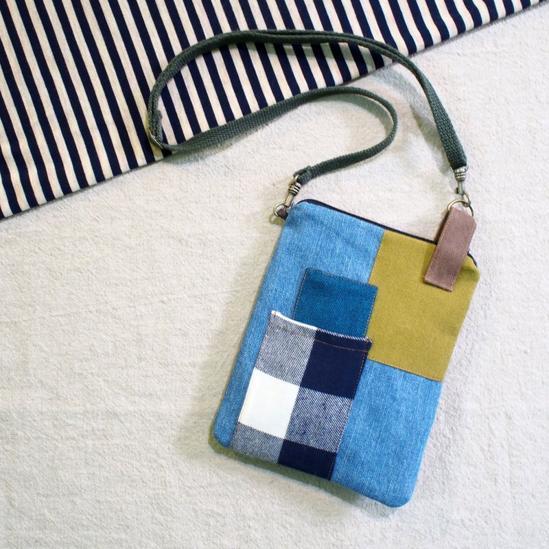 E*group 方块拼布小物包  单宁方格  手机包 护照包 - 侧背包/斜挎包 - 棉．麻 