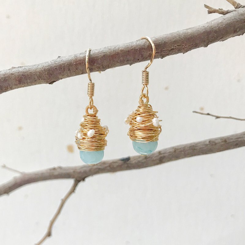 鸟巢 天然石珍珠耳环 可改耳夹 - 耳环/耳夹 - 珍珠 蓝色