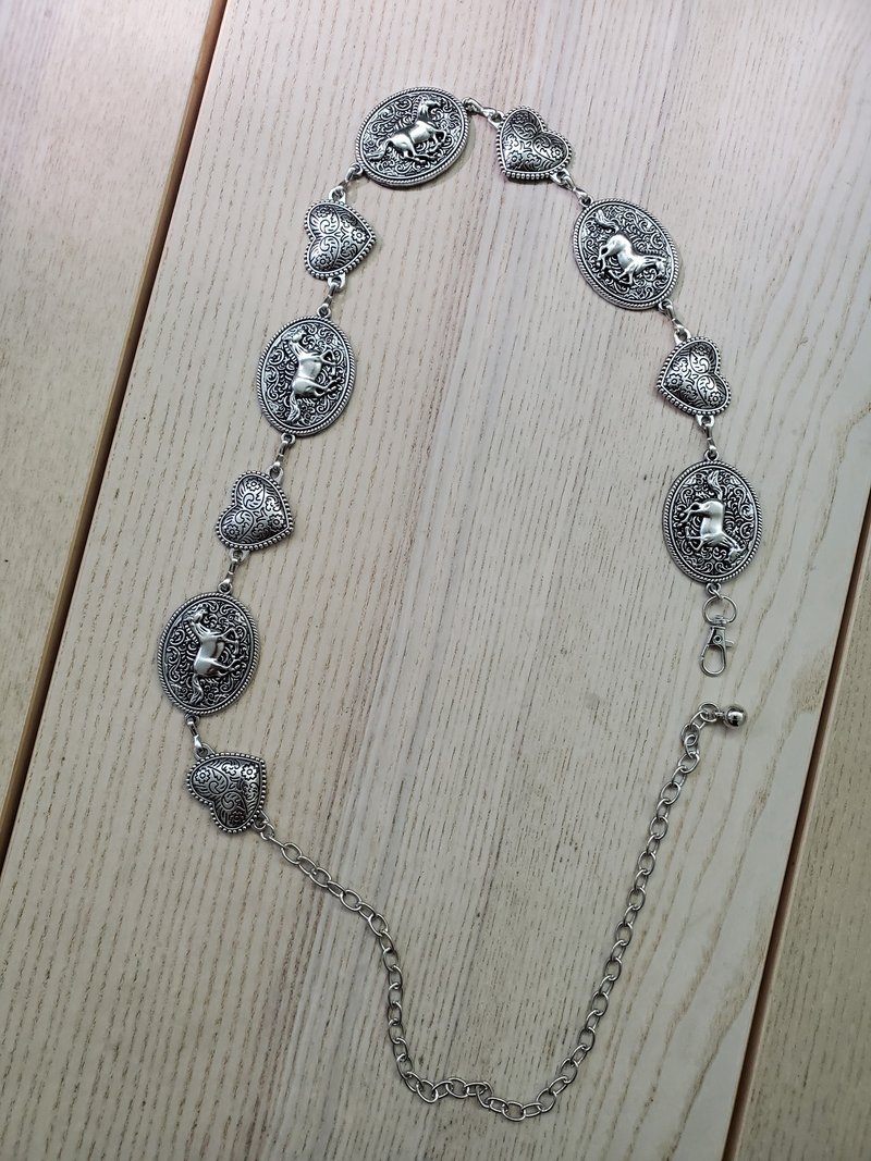 有礼貌穿搭 古着 战马镶嵌 爱心 银色 腰链 - 皮带/腰带 - 其他金属 银色