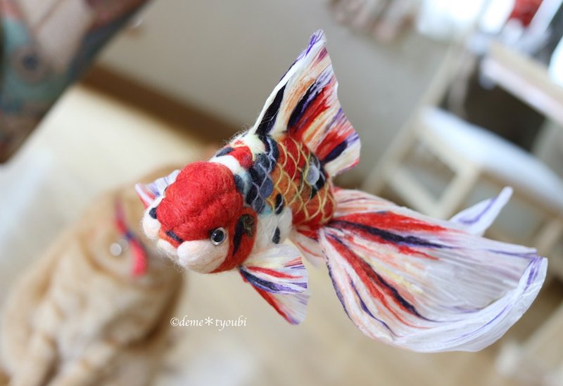 Needle felted goldfish "Calico oranda" wool felt goldfish AzumaNishiki - 摆饰 - 羊毛 红色