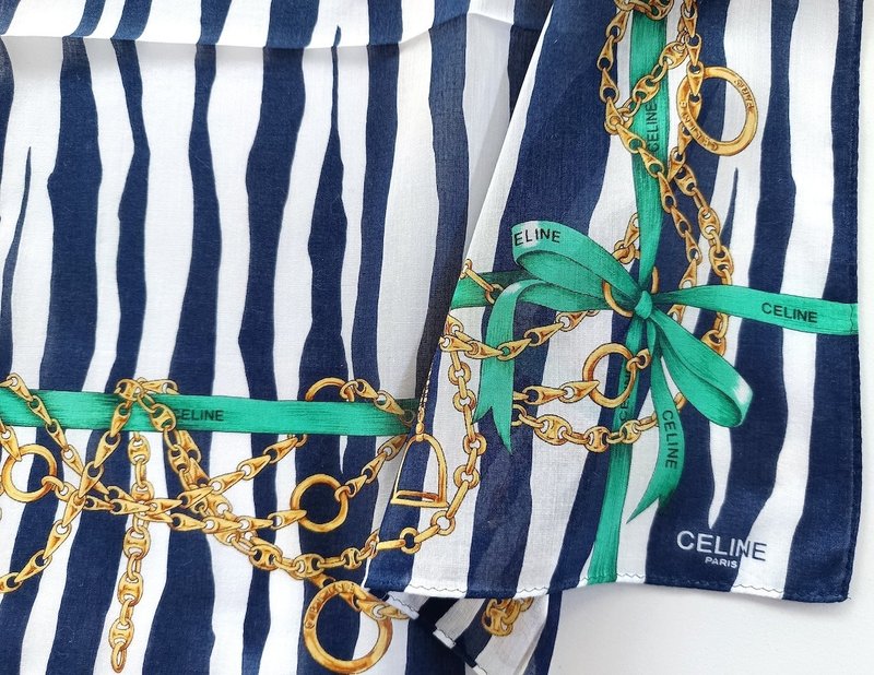 Celine 古董头巾 链条丝带与蓝色条纹 19 x 18.5 英寸 - 手帕/方巾 - 棉．麻 绿色
