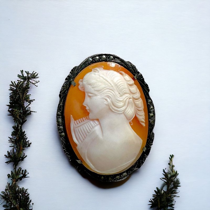1940s 手工贝雕卡梅奥Cameo 银框嵌白铁矿石胸针相坠两用饰品 - 项链 - 贝壳 橘色