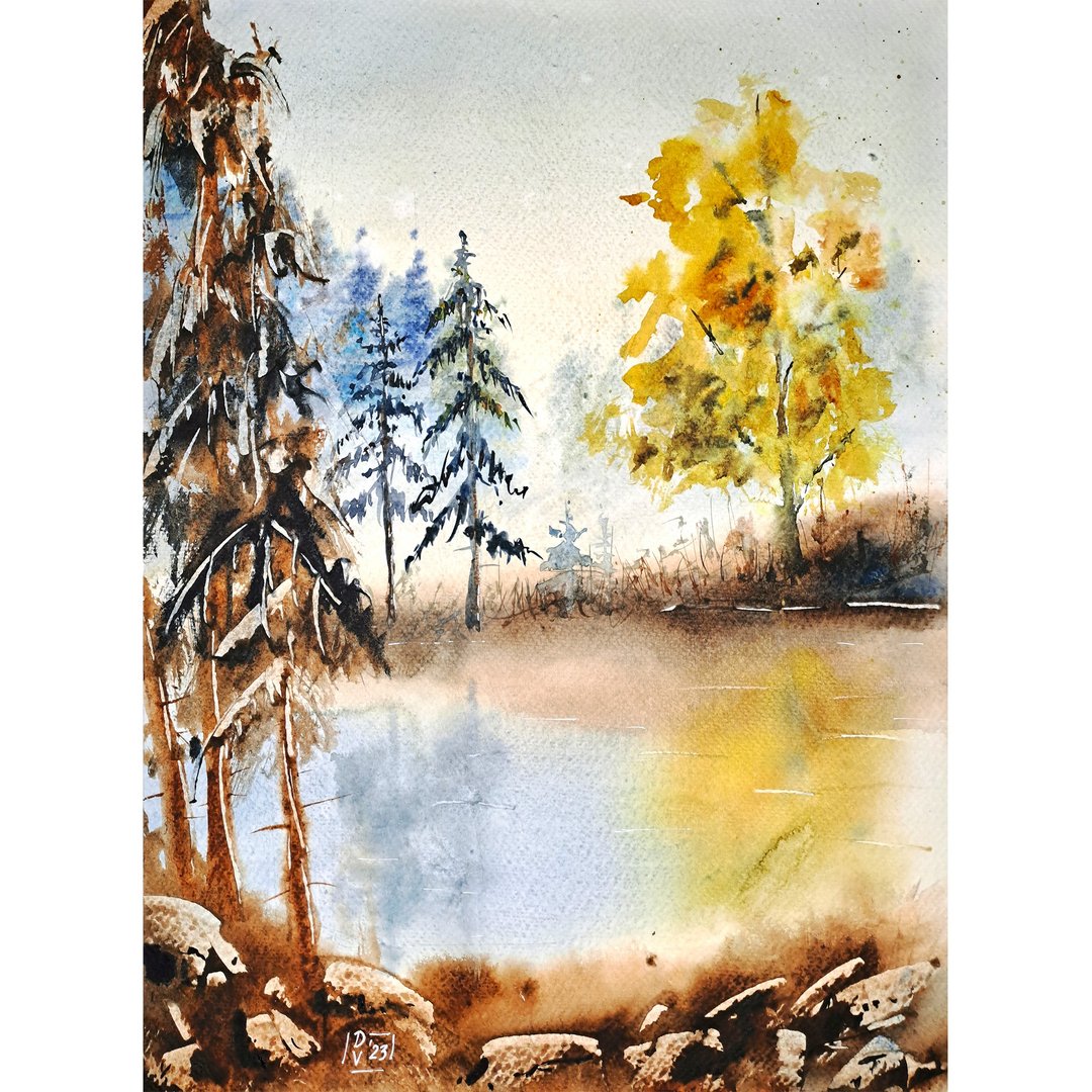 Pine Tree Painting Vermont Original Art Fall Landscape Watercolor Painting - 海报/装饰画/版画 - 纸 多色