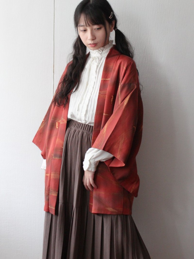 冬日本制复古和风几何印花气质砖橘红古着羽织和服外套 - 女装休闲/机能外套 - 聚酯纤维 红色