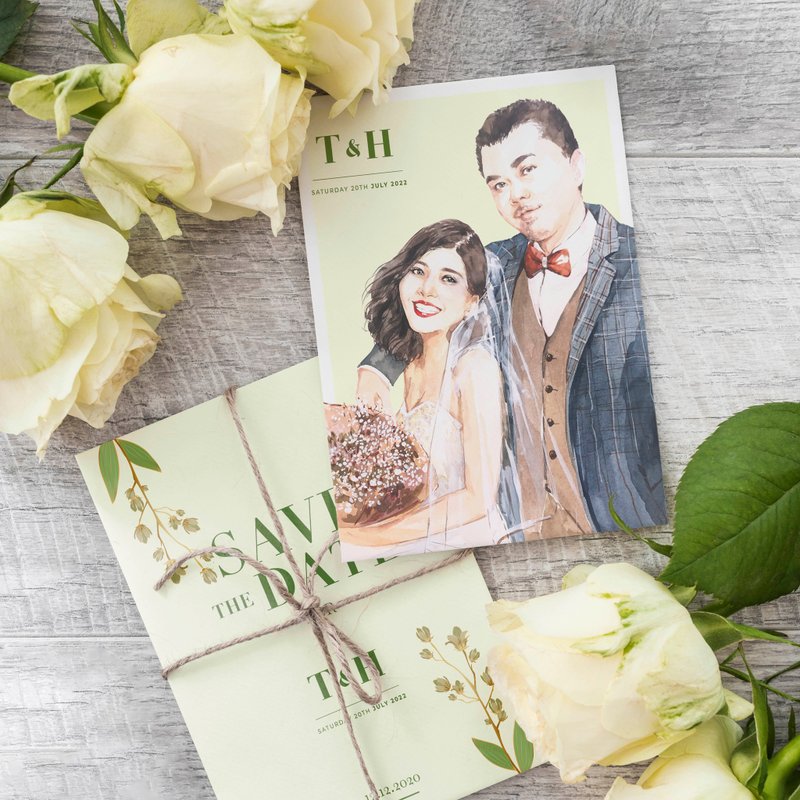 定制婚礼喜帖【双人水彩肖像画作+电子档+喜帖设计 】不含印刷 - 喜帖 - 纸 粉红色