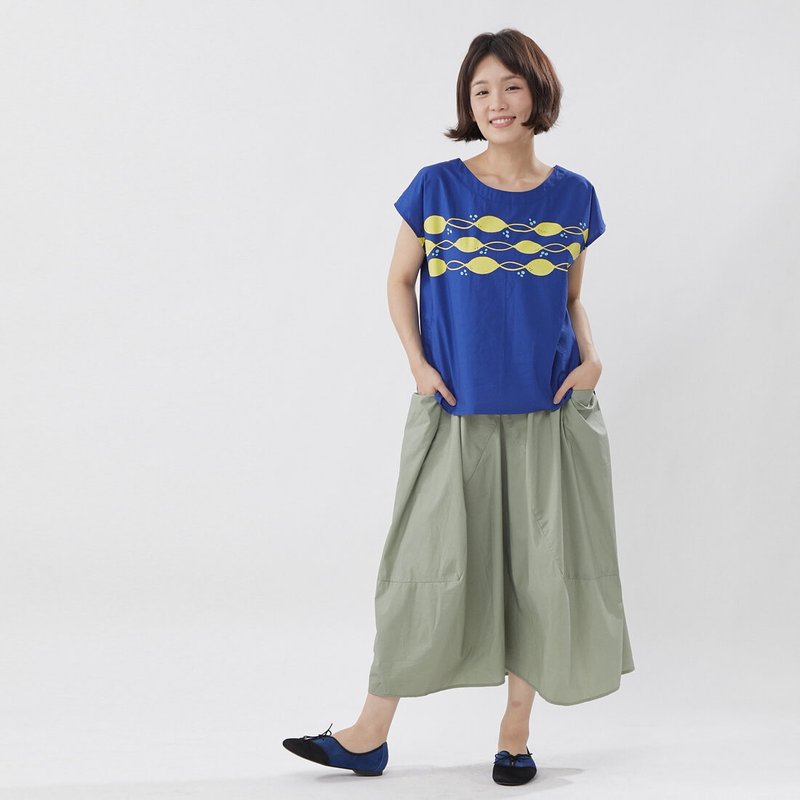 夏日柠檬棉质圆领上衣/宝蓝 - 女装上衣 - 棉．麻 蓝色