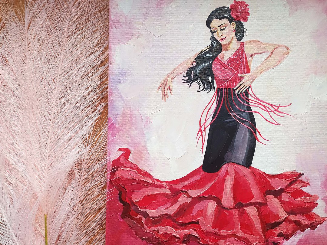 Spanish dancer flamenco dance oil painting female portrait figurative painting - 墙贴/壁贴 - 其他材质 红色