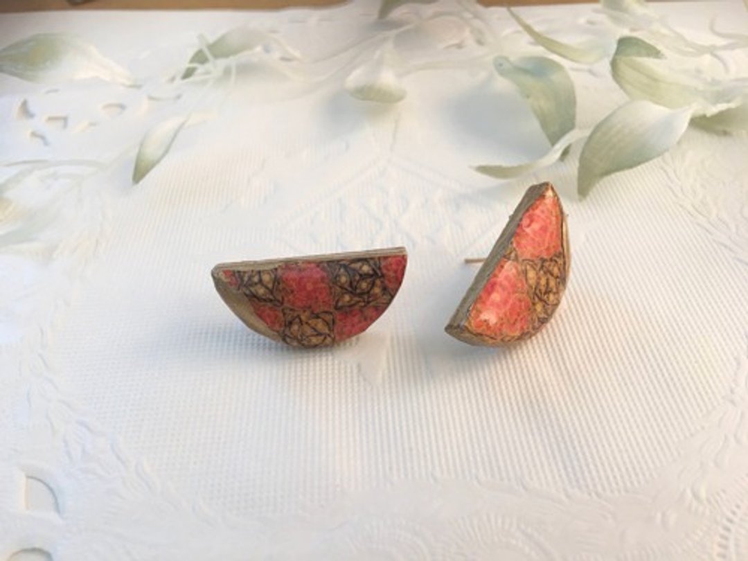 Kintsugi x Kashmir Hand Paint Earrings Gold x Orange Half Round - 耳环/耳夹 - 其他材质 多色