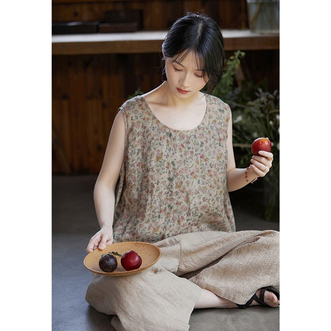 灰彩碎花纯亚麻轻薄透气西瓜大背心 - 女装背心 - 棉 