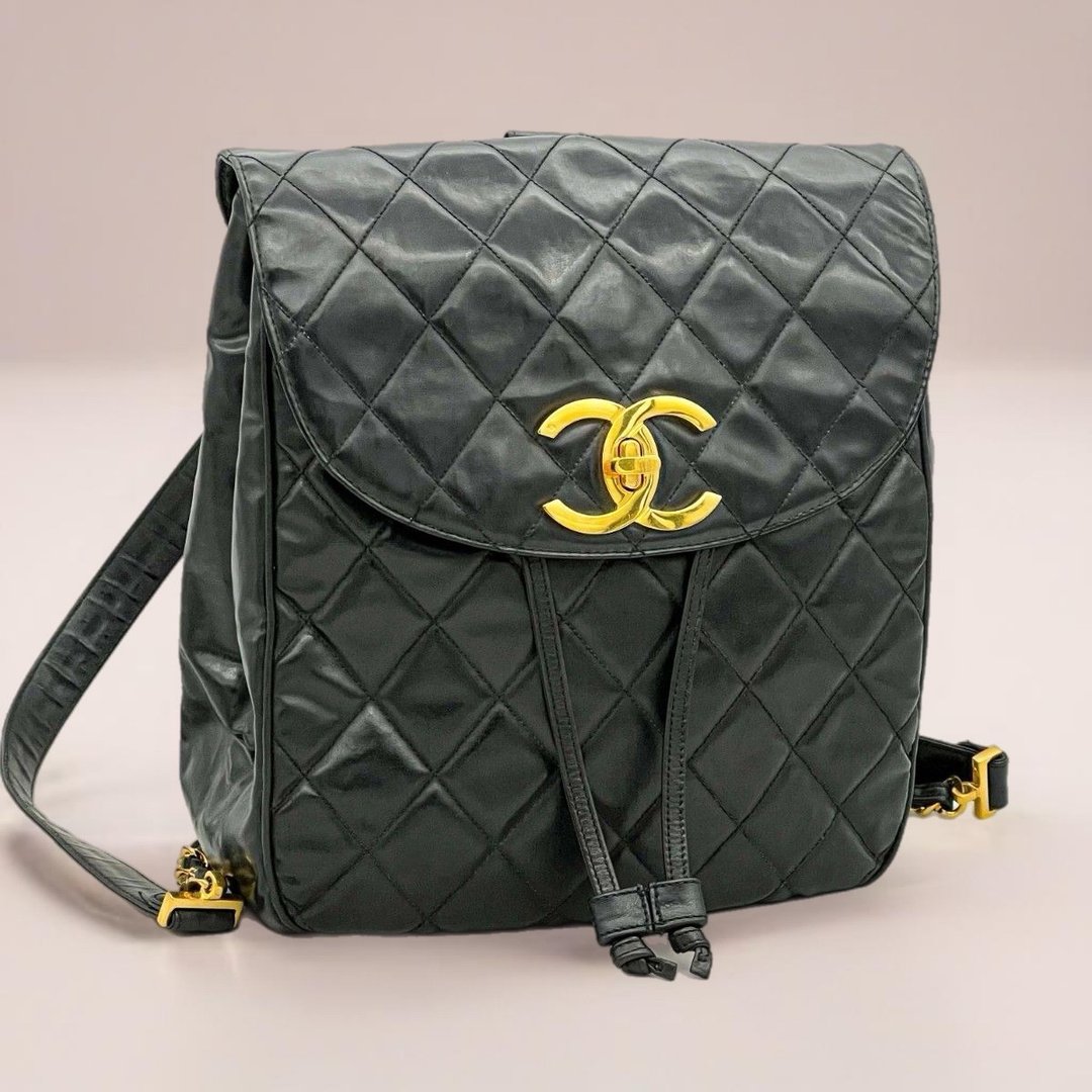 【LA LUNE】绝版稀有品中古二手Chanel金扣皮革双肩小后背包背囊 - 后背包/双肩包 - 真皮 黑色
