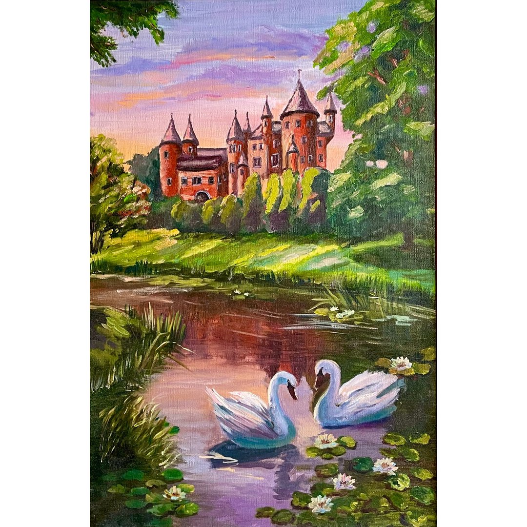 池塘里的天鹅/ 画布上的原创油画/ 布面油画风景/ 自然艺术 - 海报/装饰画/版画 - 棉 