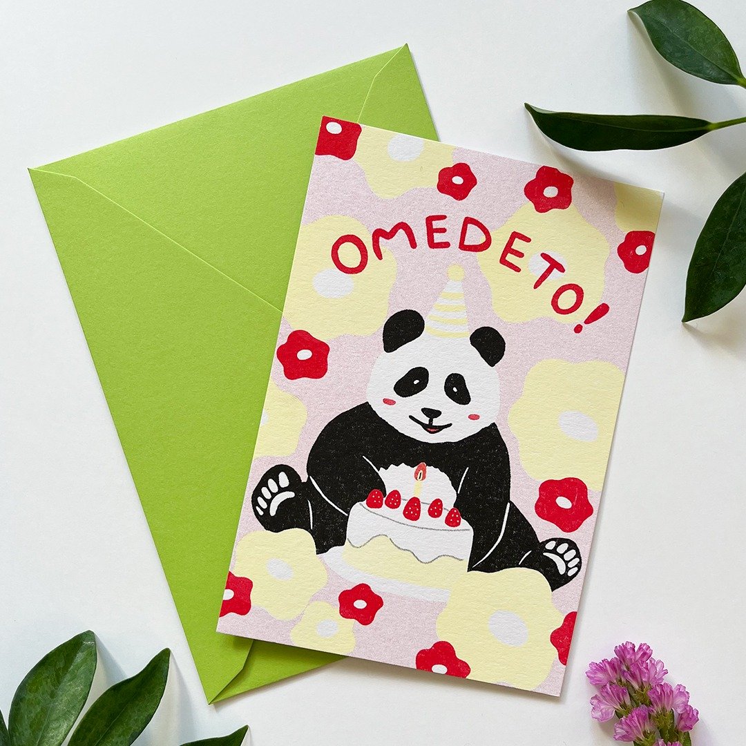 OMEDETO 祝福卡片信封组 - 熊猫与蛋糕 - - 卡片/明信片 - 纸 红色