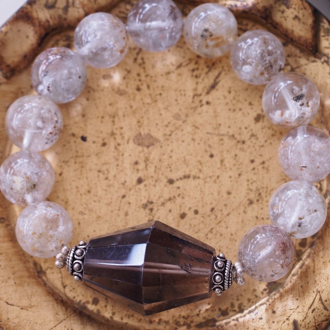 超大颗茶水晶 雪霜发水晶约13mm 纯银手环 Smokey quartz Quartz - 手链/手环 - 水晶 咖啡色