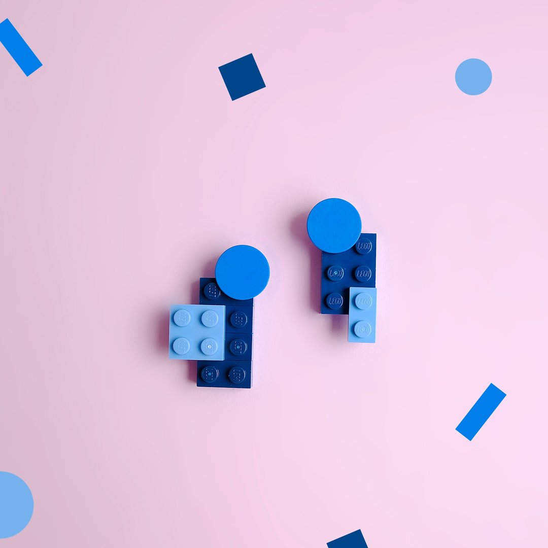 海军蓝几何拼色LEGO纯银耳钉 - 耳环/耳夹 - 其他材质 蓝色