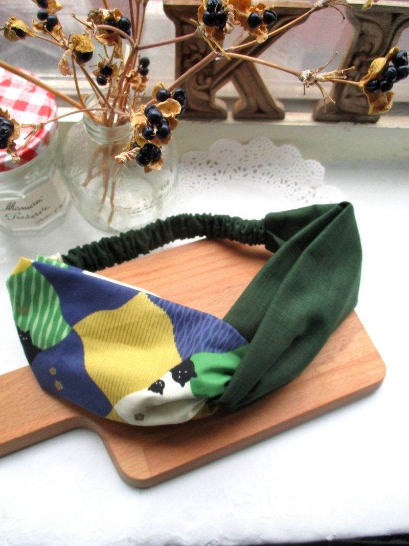 交叉发带(松紧手工)-双色躲猫猫-绿 - 发饰 - 棉．麻 绿色